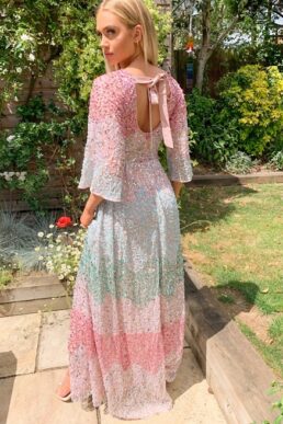 Maya contrast embellished square neck maxi dress with fluted sleeve detail in multi