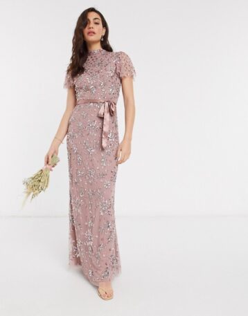 Maya high neck all over floral embellished maxi dress with satin belt maxi dress in pink