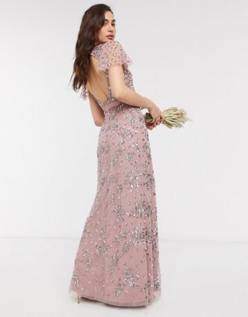 Maya high neck all over floral embellished maxi dress with satin belt maxi dress in pink