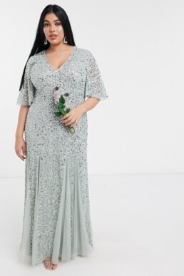 Maya Plus plunge front flutter sleeve delicate sequin maxi dress in sage green