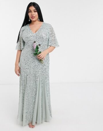 Maya Plus plunge front flutter sleeve delicate sequin maxi dress in sage green