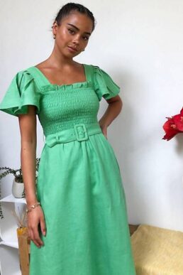 & Other Stories linen square neck belted midi dress in green