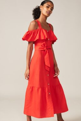 Phase Eight Arlos Frill Bodice Linen-Blend Midi Dress Red