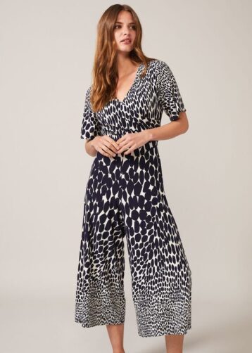 Phase Eight Janie Ombre Spot Cropped Wide Leg Jumpsuit Navy Ivory