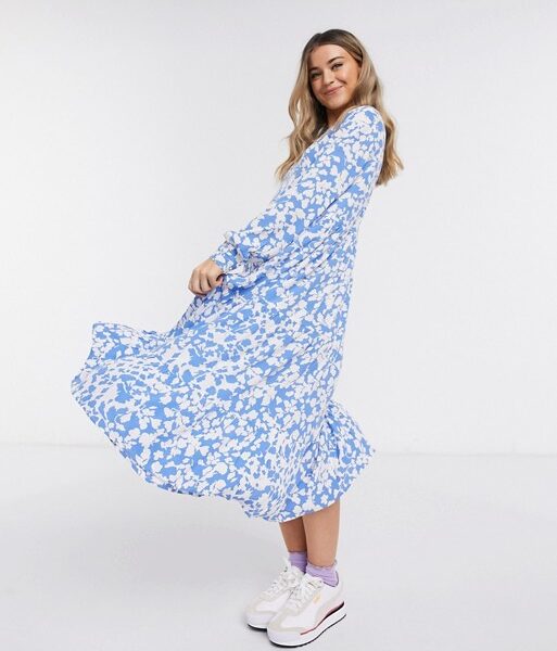 white dress with blue floral print