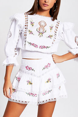 River Island White embroidered frill sleeve top Multi