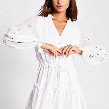 River Island White long sleeve broderie mini smock dress