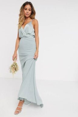 TFNC bridesmaid contrast wrap cami maxi dress in sage green