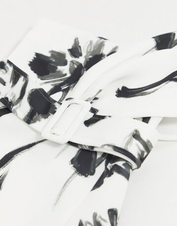 ASOS DESIGN one shoulder belted midi pencil dress in floral print, Black/White - Image 2