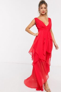ASOS DESIGN soft layered maxi dress with tie waist detail Fire Red