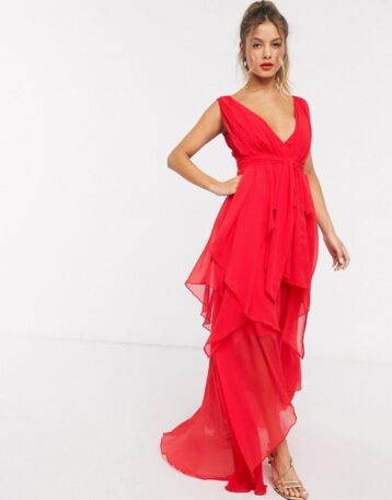 ASOS DESIGN soft layered maxi dress with tie waist detail Fire Red