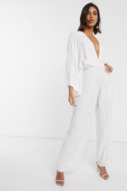 ASOS EDITION beaded kimono sleeve wide leg wedding jumpsuit Ivory
