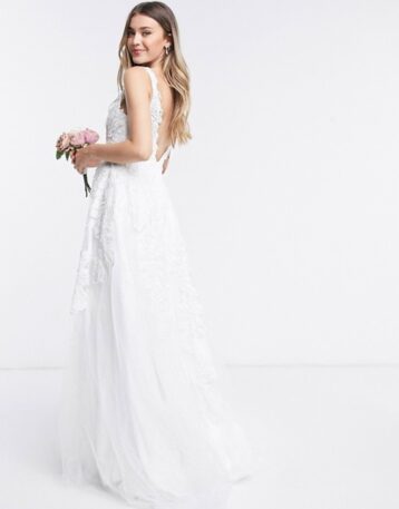 ASOS EDITION Celia beaded floral embroidered mesh wedding dress, Ivory - Image 3