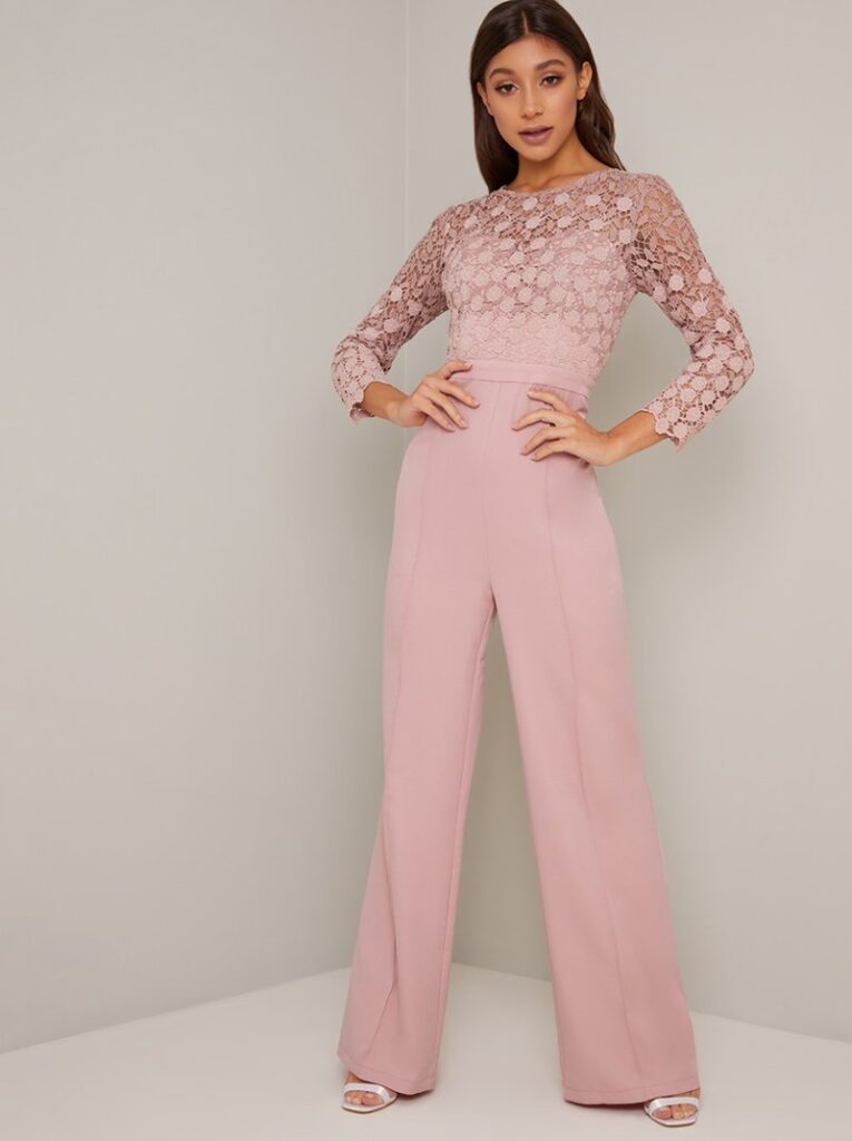Chi Chi Dagmar Lace Crochet Sleeve Jumpsuit, Pink/Blush - myonewedding ...