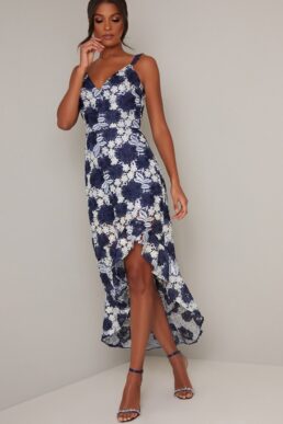 Chi Chi Lucille Floral Embroidered High Low Dress Navy White