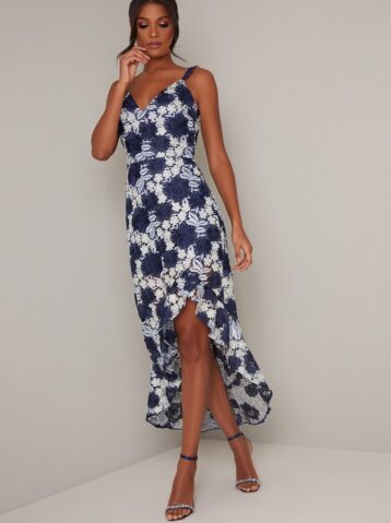 Chi Chi Lucille Floral Embroidered High Low Dress Navy White