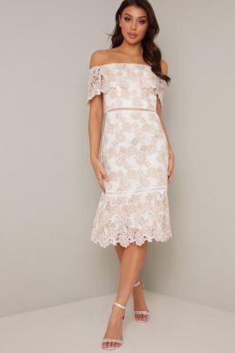Chi Chi Remie Lace Bardot Dress White Pink