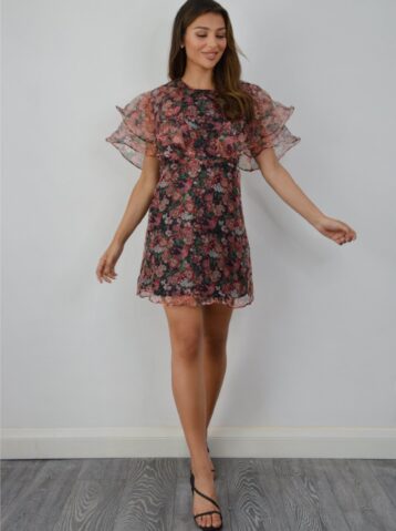 Chi Chi Telia Floral Frill Sleeve Dress Black Pink Multi