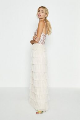 Coast Floral Sequin Bodice Tiered Hem Maxi Dress Nude Ivory