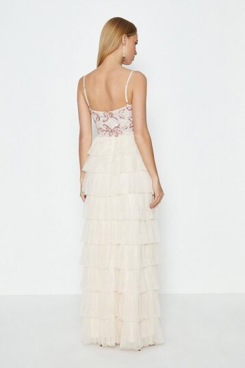 Coast Floral Sequin Bodice Tiered Hem Maxi Dress, Nude/Ivory - Image 2