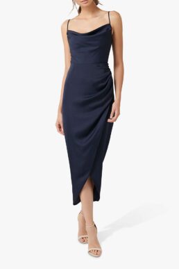 Forever New Holly Satin Cowl Neck Midi Dress Navy Blue