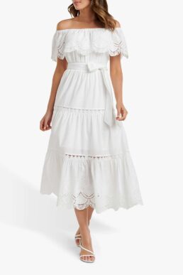 Forever New Phoebe Bardot Shirred Dress Porcelain White