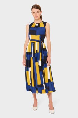 Hobbs Alba Colourblock Midi Dress, Yellow/Blue