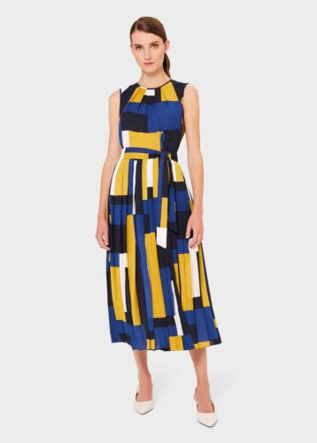 Hobbs Alba Colourblock Midi Dress, Yellow/Blue