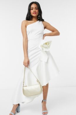 Laced in Love asymmetric ruffle dress with origami rose in white