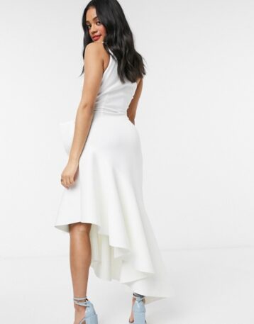 Laced in Love asymmetric ruffle dress with origami rose in white - Image 2