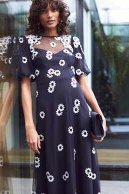 Monsoon Bryony Sequin Daisy Midi Dress Navy White