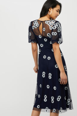 Monsoon Bryony Sequin Daisy Midi Dress Navy White