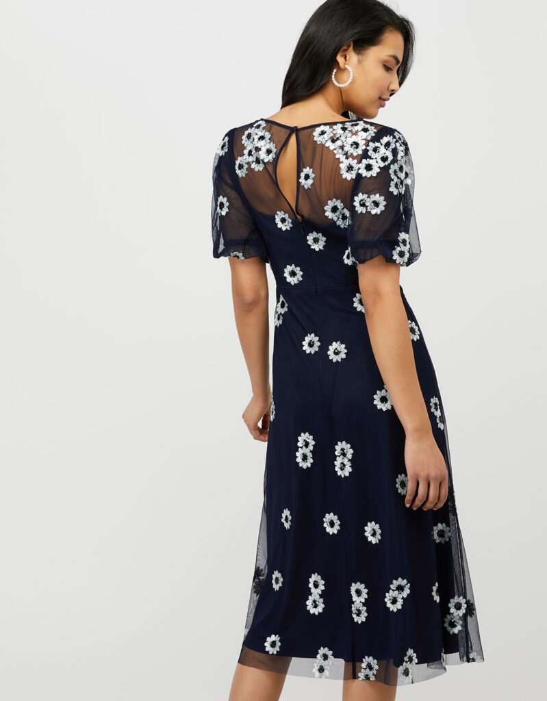 Monsoon Bryony Sequin Daisy Midi Dress, Navy/White - myonewedding.co.uk