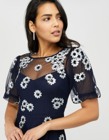 Monsoon Bryony Sequin Daisy Midi Dress Navy White