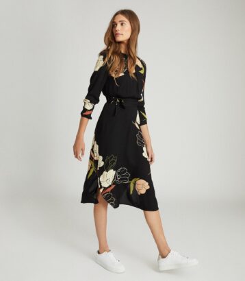 Reiss Arley Floral Printed Midi Dress Black Multi