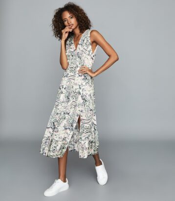 Reiss Marcy Printed Midi Dress Green Print