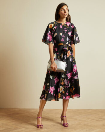 Ted Baker OSSIEE Rhubarb midi tea dress Black Pink Multi