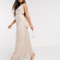 Amelia Rose Bridesmaid embellished wrap cape sleeve maxi dress in rose gold blush myonewedding