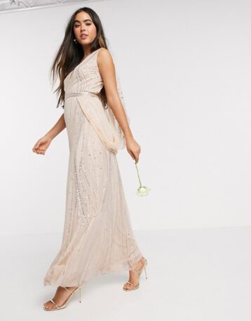 Amelia Rose Bridesmaid embellished wrap cape sleeve maxi dress in rose gold blush