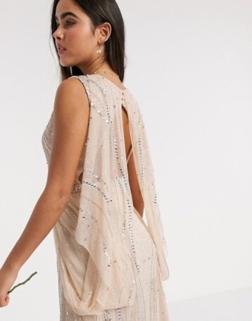 Amelia Rose Bridesmaid embellished wrap cape sleeve maxi dress in rose gold blush - Image 2