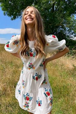 ASOS DESIGN all over embroidered cotton mini smock dress White Multi