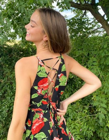 ASOS DESIGN sleeveless trapeze mini dress with godets in floral, Black/Red - Image 2