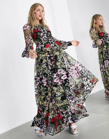 ASOS EDITION summer floral embroidered maxi dress open back, Black/Multi.Red