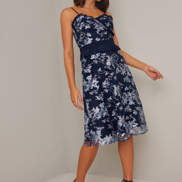 navy floral embroidered dress