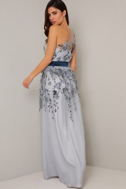 Chi Chi Loretta One Shoulder Floral Embroidered Dress Light Blue Multi