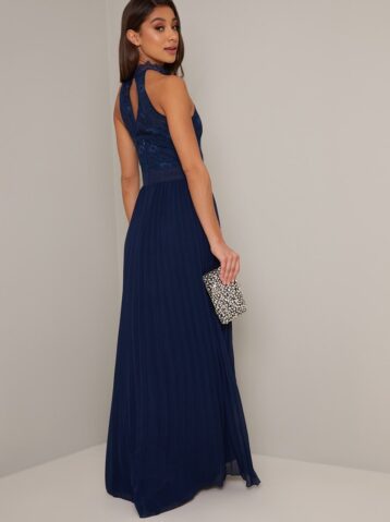 Chi Chi Ricki Pleated Maxi Dress, Navy Blue - Image 2