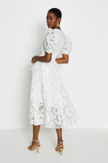 Coast Deep V Puff Sleeve Midi Dress, Ivory - Image 2