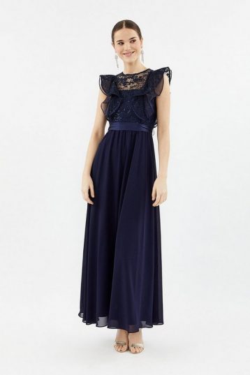 Coast Frilled Sleeve Lace Bodice Maxi Dress Navy Blue