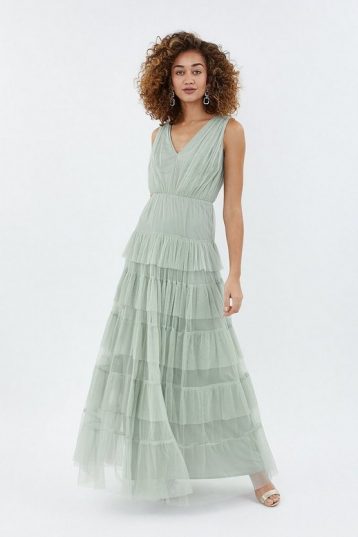 Coast Tulle Tiered Maxi Dress Sage Green