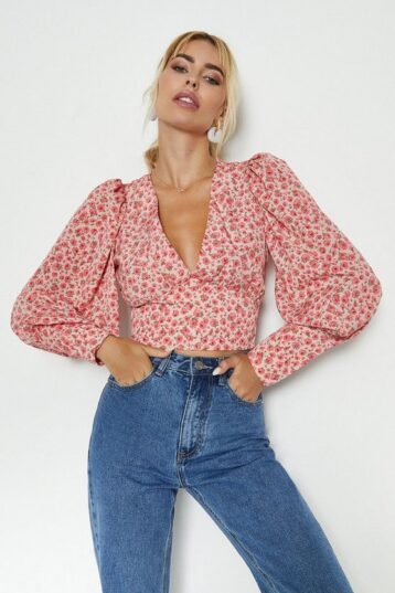 Coast V-Neck Puff Sleeve Printed Top, Pink/Multi - Image 2